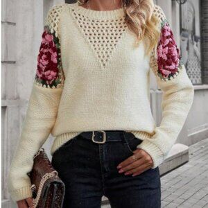 Floral Pattern Pointelle Knit Raglan Sleeve Sweater